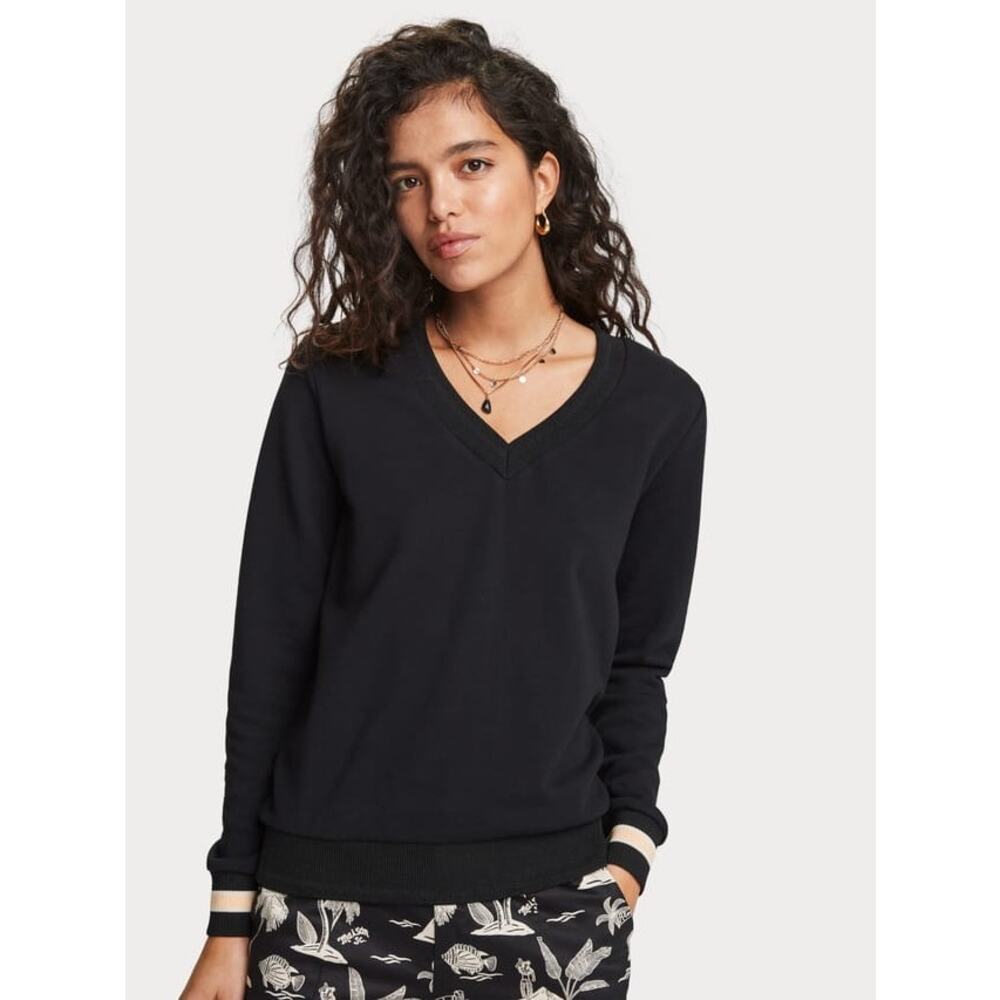 SCOTCH & SODA V-Neck Sweater Sz XS Black Cream White Cuff Stripe‎ Preppy Classic